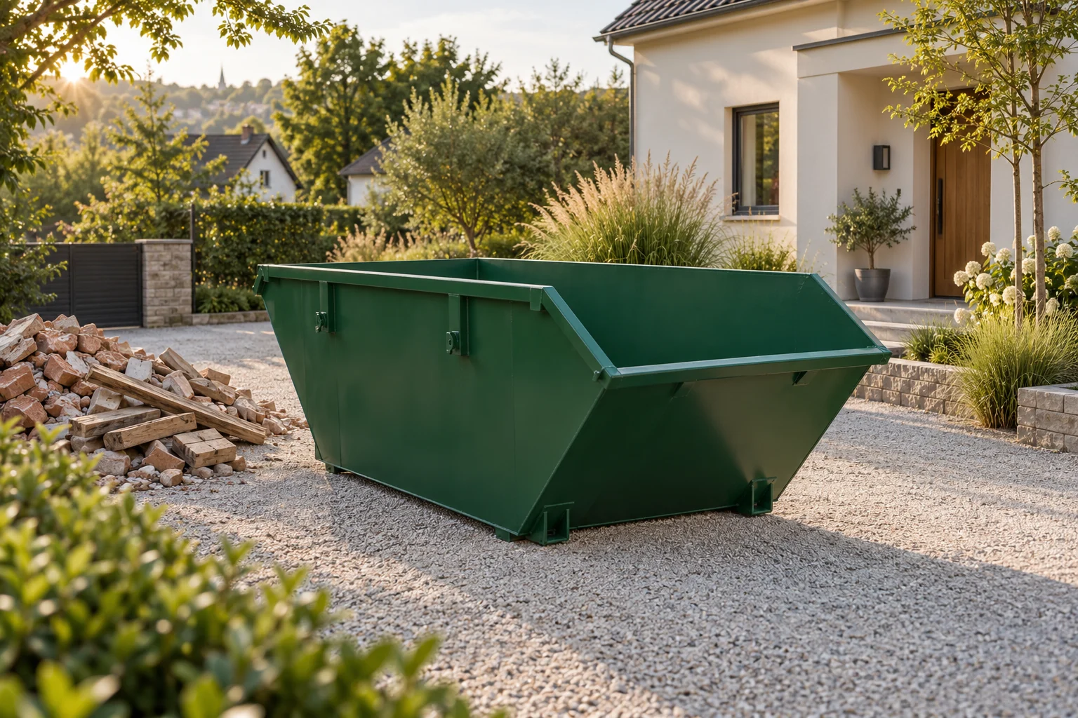 Beispielbild: ein grüner Abfallcontainer neben Baustoffresten vor einem Wohnhaus