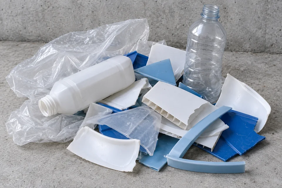 Beispielbild: leere Kunststoffflaschen, transparente Folie und weiße und blaue Kunststoffreste