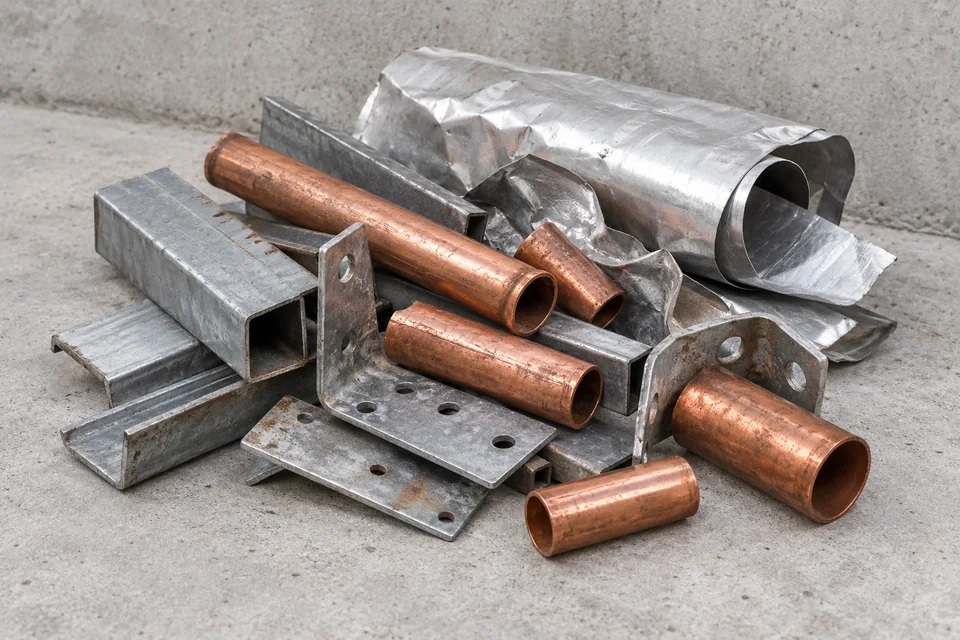 Beispielbild: Metallprofile, Winkel, kurze Kupferrohre und gebogenes Blech