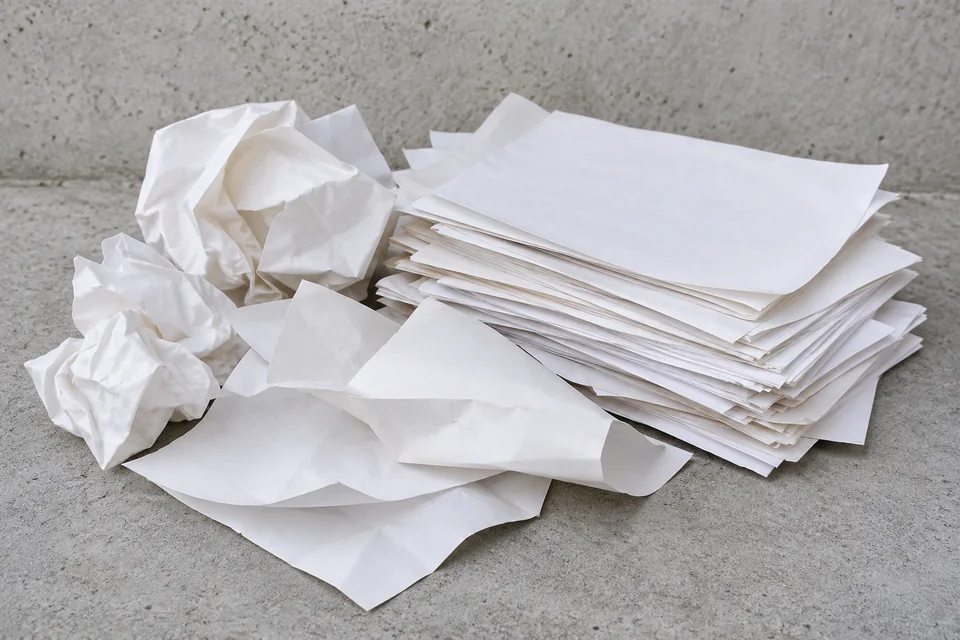 Beispielbild: ein Stapel weißer Papierblätter neben zerknülltem Papier