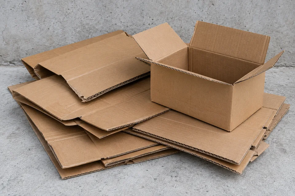 Beispielbild: flach gefaltete Wellpappe und ein offener brauner Karton