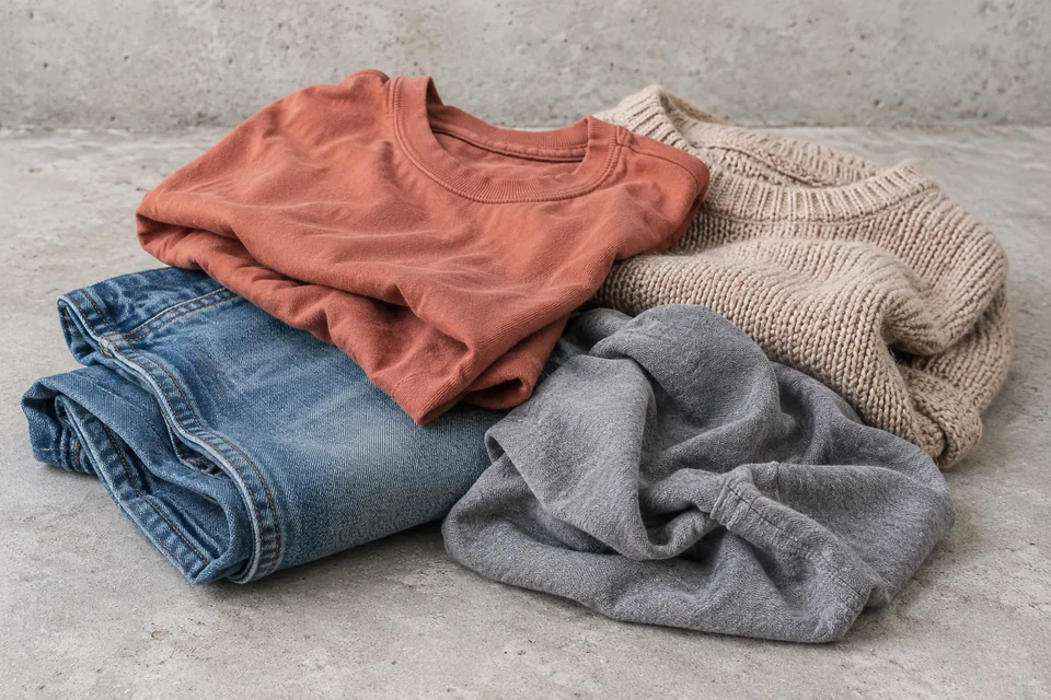 Beispielbild: eine Jeans, ein rotes T-Shirt, ein beiger Strickpullover und grauer Stoff