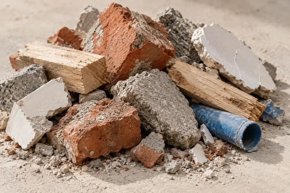 Beispielbild: Ziegel, Beton, Holzstücke und ein Kunststoffrohr als gemischte Bauabfälle